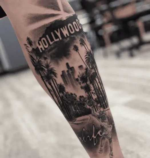 Dark Grey Hollywood Scenery Leg Tattoo