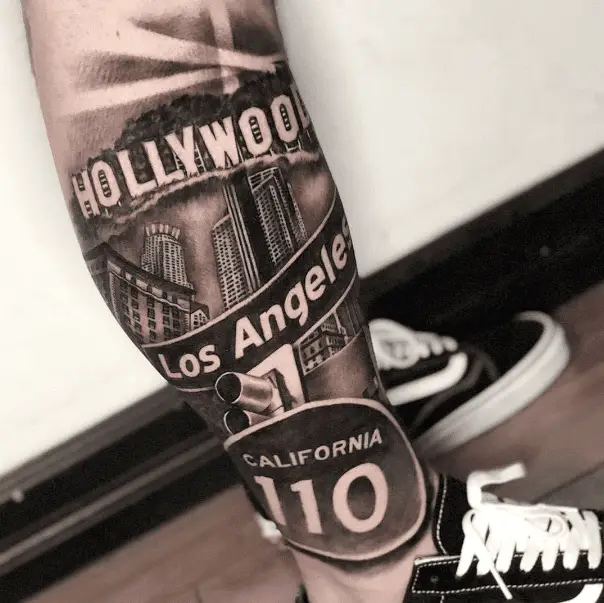 Dark Grey Los Angeles Hollywood Graphical Leg Tattoo