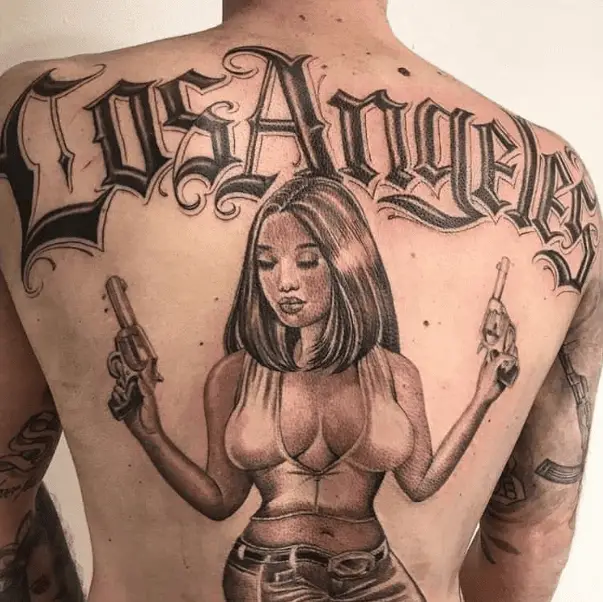 Los Angeles Lettering with Gangster Woman Back Tattoo
