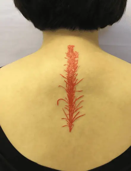 Red Ink Blazing Star Flower Back Tattoo