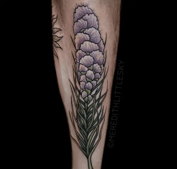 Purple Blazing Star Flower with Leaves Leg Tattoo