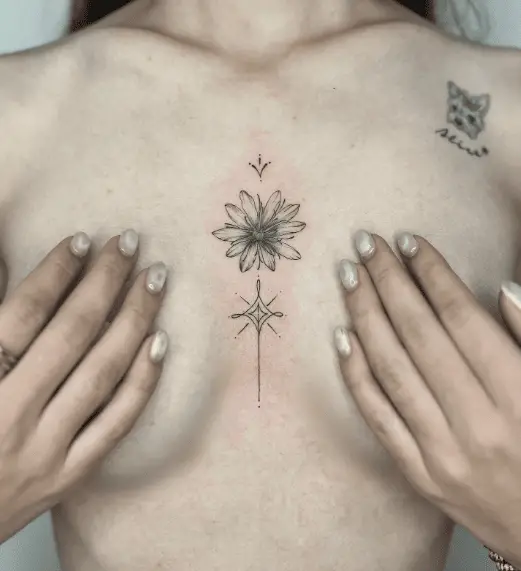 Single Blazing Flower with Sparks Sternum Tattoo