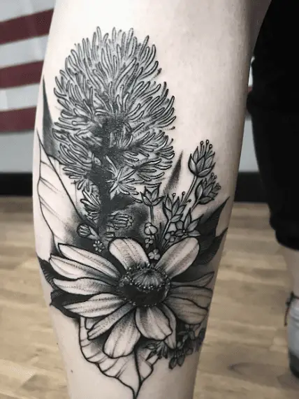 Greyscale Blazing Star Flower with Other Flowers Leg Tattoo