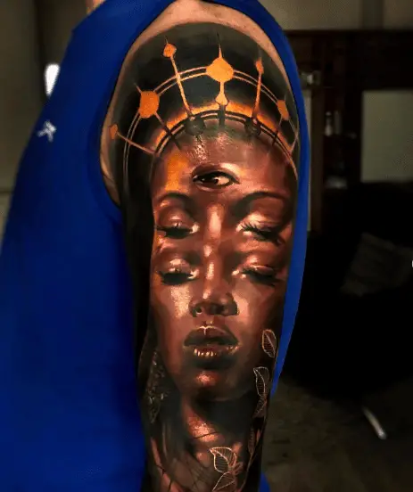 African Goddess Face Arm Tattoo