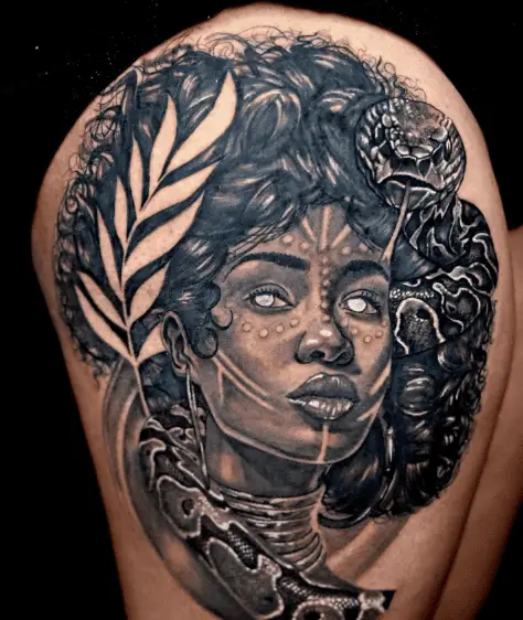 African Goddess Aja Thigh Tattoo