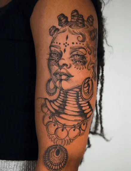 African Goddess Sketch Style Arm Tattoo