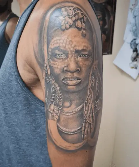Greyish Covered Head Tribal Woman Tattoo