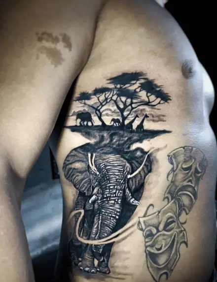African Savannah with Wild Animal Side Rib Tattoo