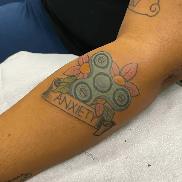 Fidget Spinner with Flowers and Anxiety Lettering Tattoo