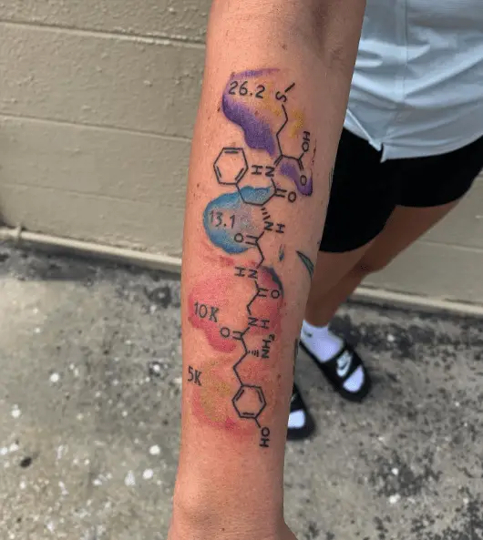 Runners High Molecule with Color Splashes Forearm Tattoo