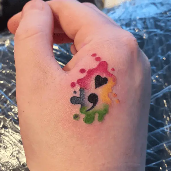 Semicolon with Color Splash Hand Tattoo