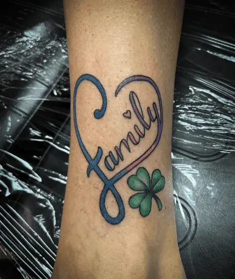 Shamrock with Heart Shaped Family Script Tattoo