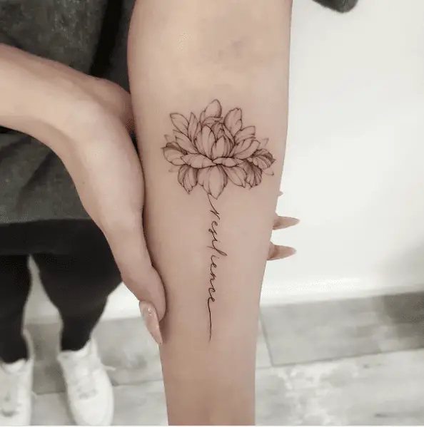Custom Lotus with Resilience Script Tattoo