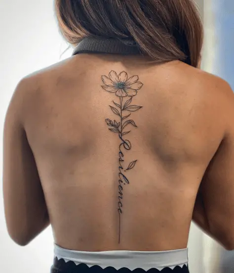 Cosmo Flower with Resilience Script back Tattoo