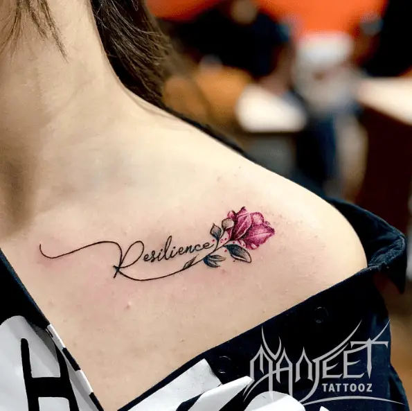 Purple Floral with Resilience Text Tattoo