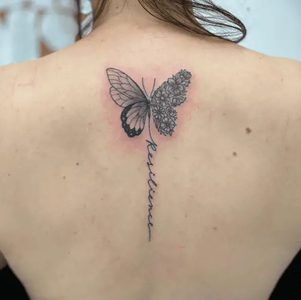 Floral Wing Butterfly with Resilience Text Tattoo