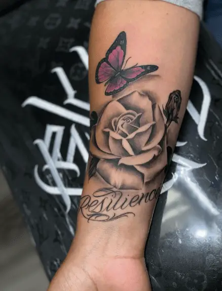 Rose, Butterfly with Resilience Text Tattoo