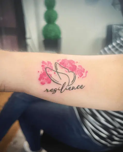 Fineline Butterfly, Pink Florals with Resilience Text Tattoo