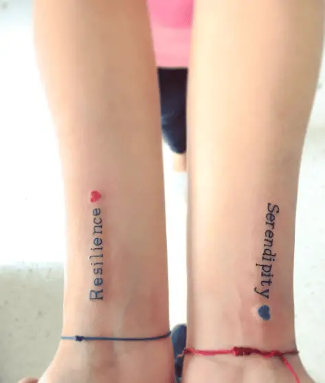 Resilience and Serendipity Text with Colored Hearts Tattoo