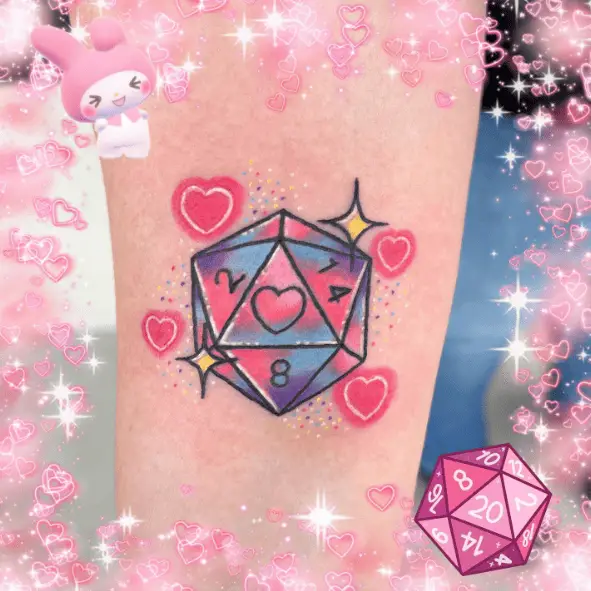 Sweet Pink Themed Polyhedron Dice Tattoo