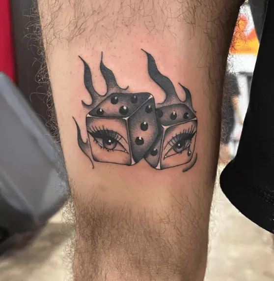 Black and Grey Flaming Dice with Eyes Tattoo