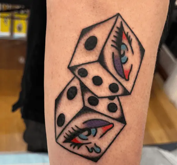 Black an White Dice and Colored Eyes Tattoo