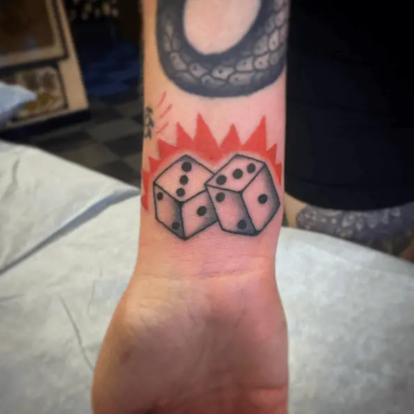 Lucky Dice with Orange Flames Wrist Tattoo
