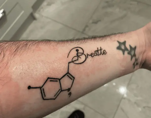 Serotonin Molecule with Breathe Lettering Tattoo