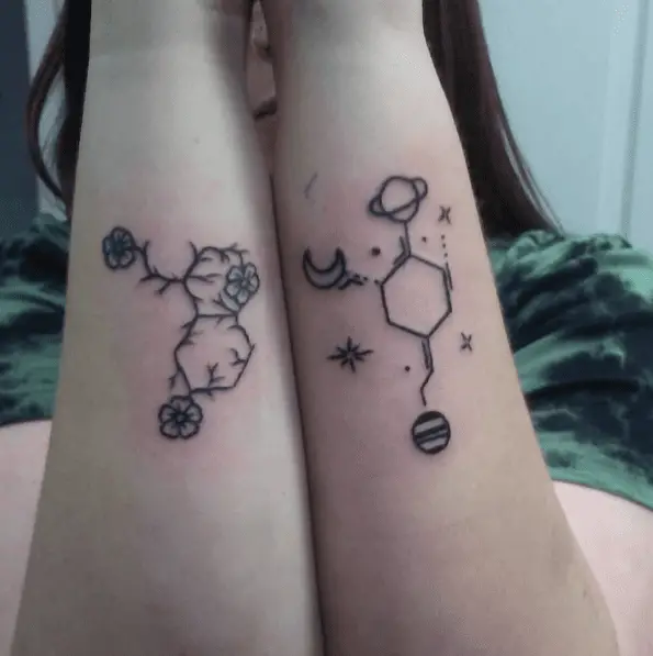 Floral and Space Serotonin Molecule Tattoo