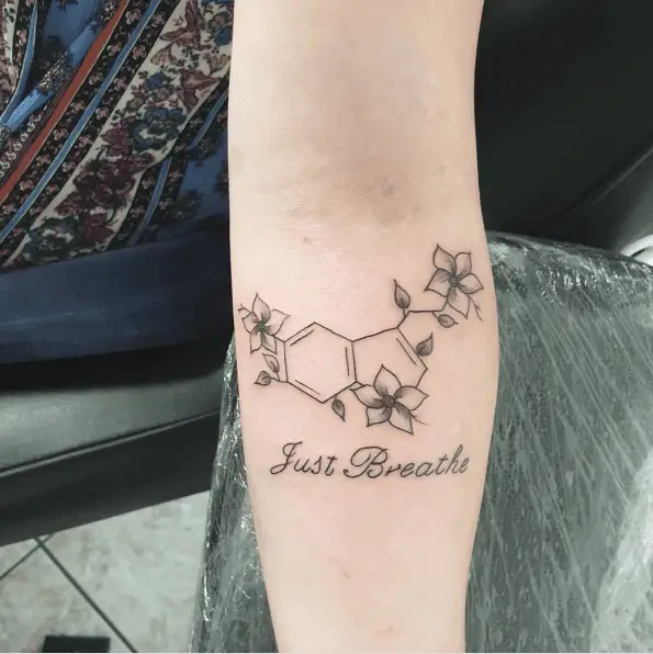 Floral Serotonin Symbol with Just Breathe Text Tattoo