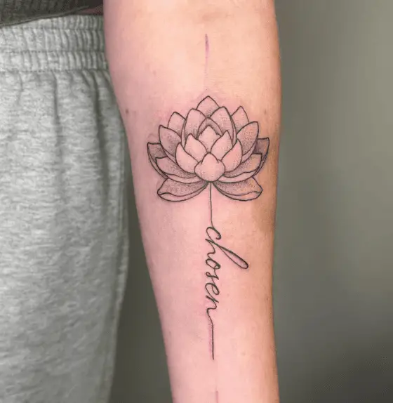 Lotus with "Chosen" Lettering Tattoo