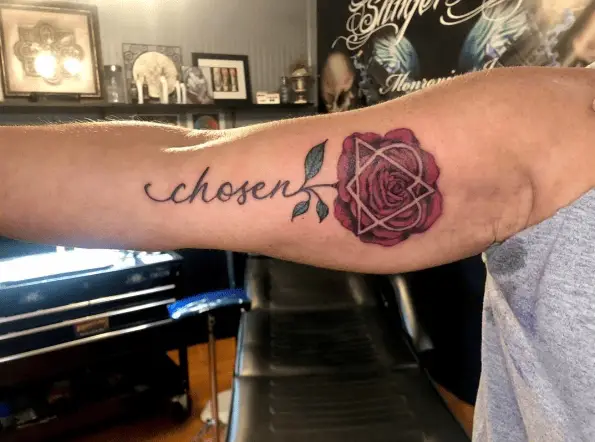 Red Rose with Adoption Symbol and Chosen Text Tattoo