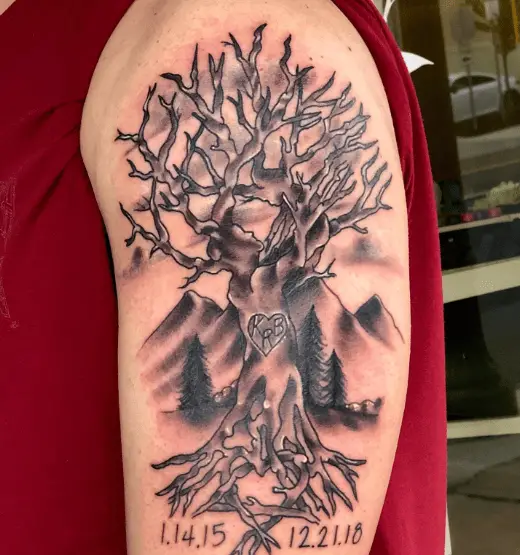 Black and Grey Adoption Tree with Dates Tattoo