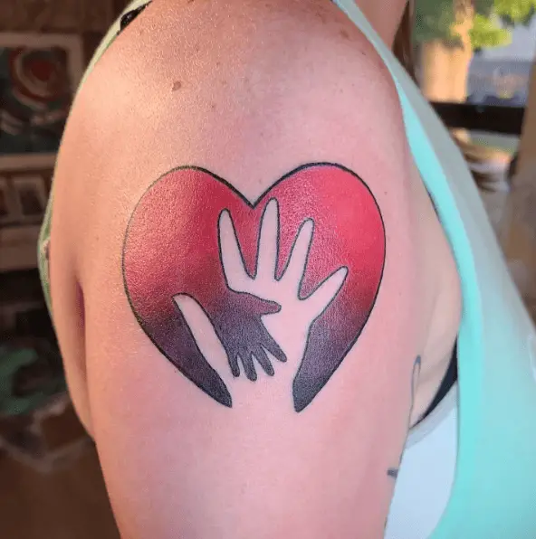 Parent and Child Hand with Red Heart Adoption Tattoo