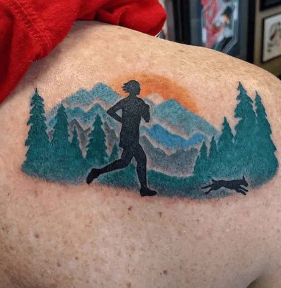 Runner and Dog with Blue Ink Mountains Tattoo